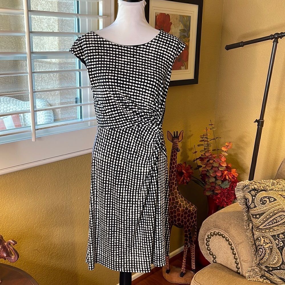 212 COLLECTION Women's Gathered Twist Drape BLACK & WHITE POLKA DOT DRESS, SZ M